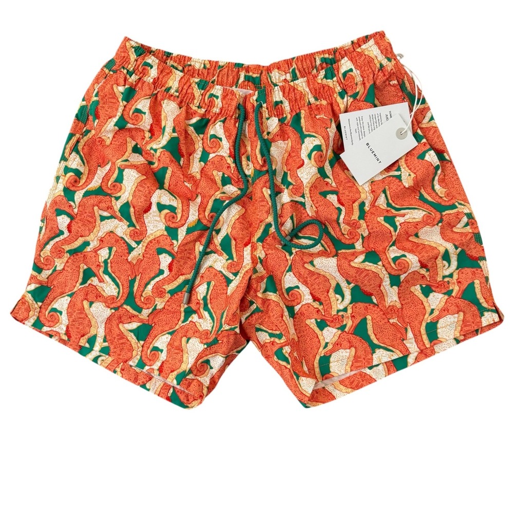 Bluemint Arthus 2XL 6in Orange Seahorse Print Mesh Lined Men's Swim Trunks NWT